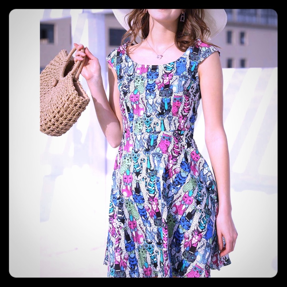 😻NWT Pink & Blue Cat cap sleeve dress size M/6😻